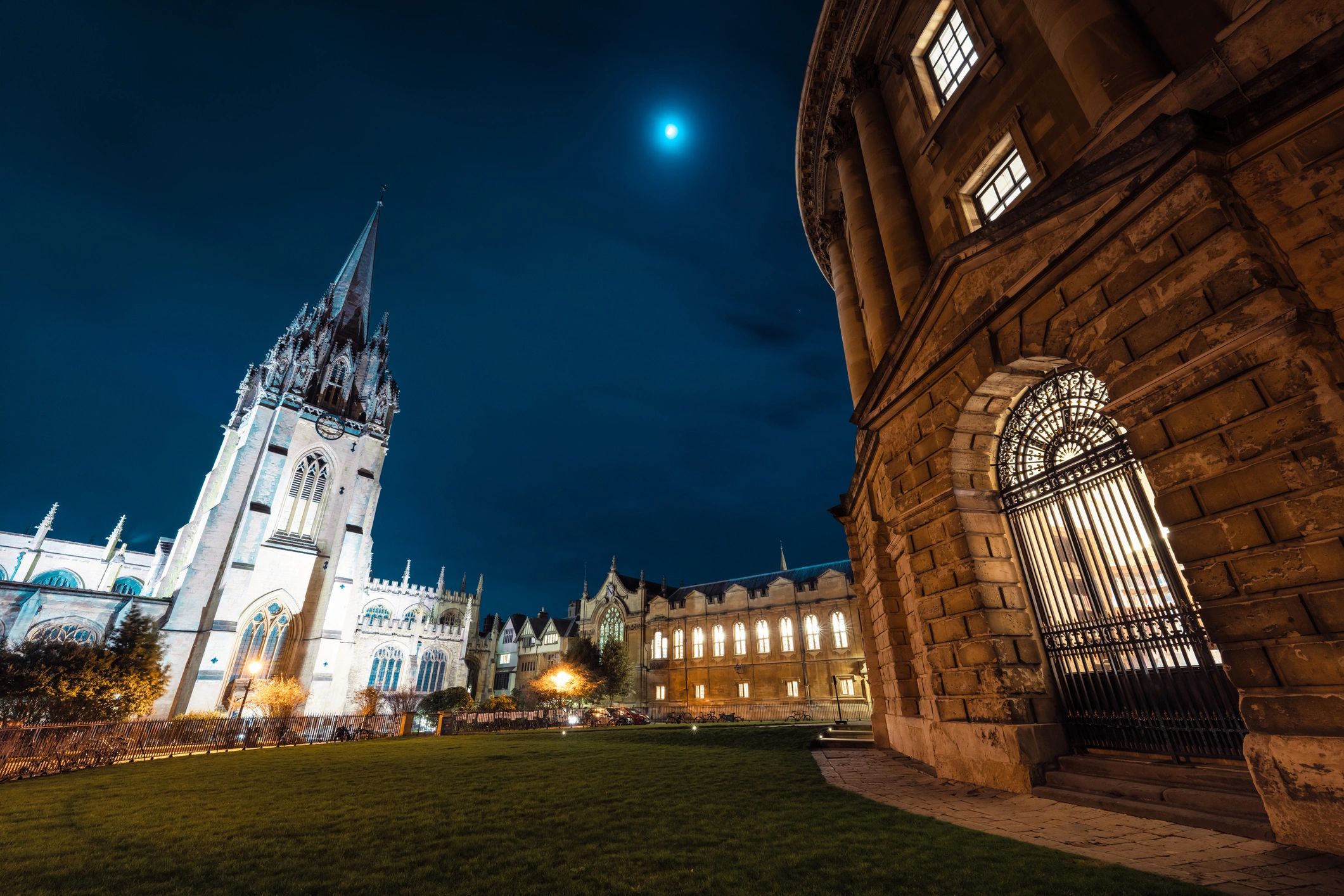 The Radcliffe Camera at night in Oxford, UK